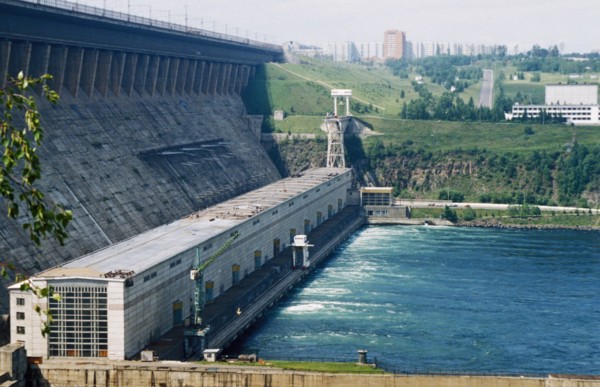 The bratsk dam over which passes the baikal-amur railroad, siberia, russia.
