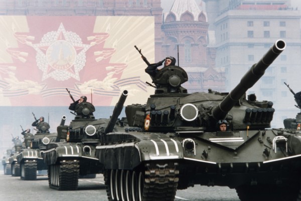 Soviet t-80 tanks at a victory day parade in red square celebrating the 40th anniversary of the end of world war ll, may 9, 1985.