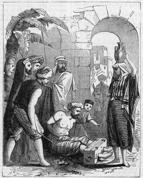 Religion The Holy Bible. The guilty with his foot in the pillory