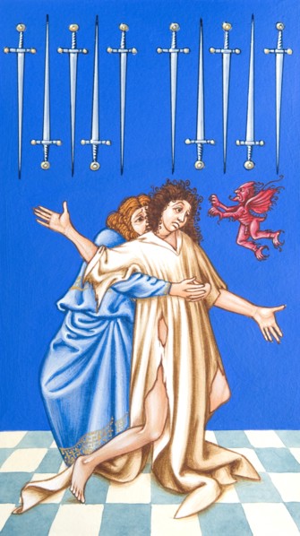Creative illustration Middle Age in tarots. The possessed the devil and the exorcist