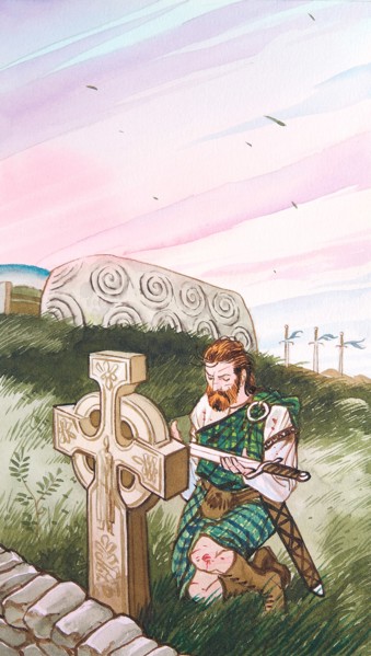 Creative illustration serial Magic. Scotland Runes and Celtic Cross in the highlands
