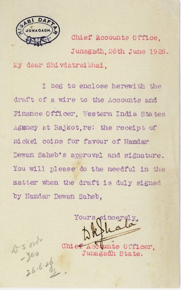 Letter from Chief Accounts Office 26/vi/1926