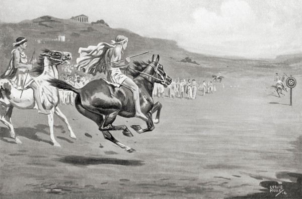 Greek horsemen throwing the javelin
