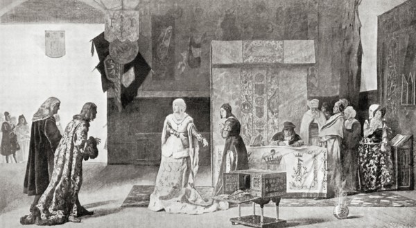 Isabella pledging her jewels to finance the expedition of Christopher Columbus in 1492