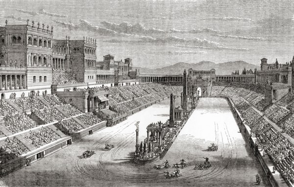 A chariot race in ancient Rome