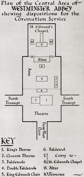 Plan of the central area of Westminster Abbey showing dispositions for the Coronation Service of George VI in 1936