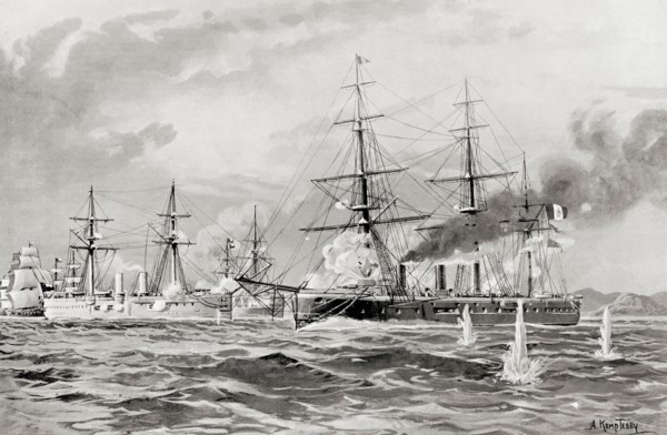 The engagement between the Peruvian ship Huáscar and Chilean warships at the The Battle of Angamos