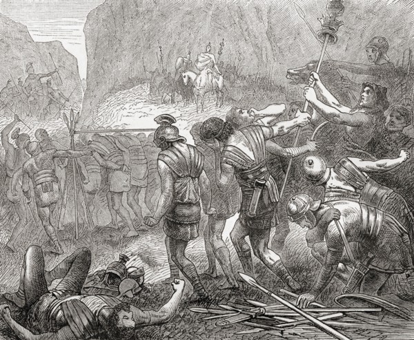 The passum sub iugum or passing under the yoke was a practice in ancient Italy where defeated enemies were made to pass beneath a yoke constructed of spears to either humiliate them or to remove blood...