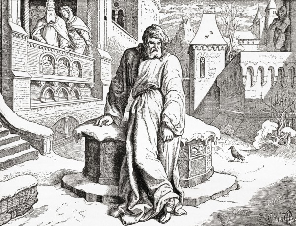 King Henry IV at Canossa in 1077 where he went  in order to obtain the revocation of the excommunication imposed on him by Pope Gregory VII