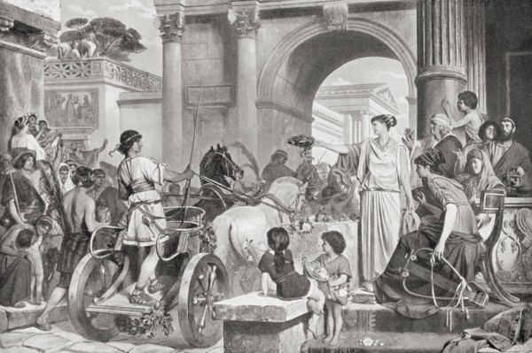 A victorious charioteer in ancient Rome accepting a laurel crown from a lady