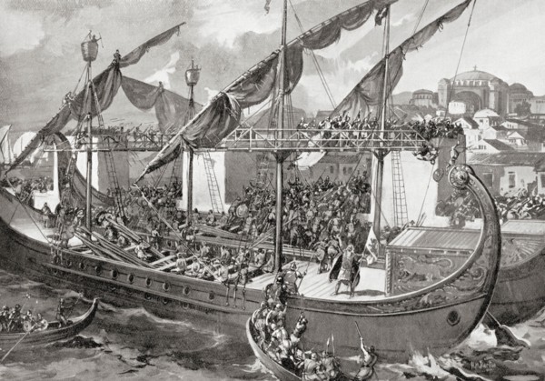 The storming of Constantinople by Venetians and crusaders during the Fourth Crusade in 1204