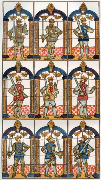 A painted or stained glass window depicting two Saxon earls of Merica and seven Norman earls of Chester