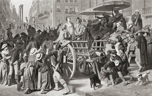 Girondists or Girondons being taken to the guillotine for execution during the French Revolution