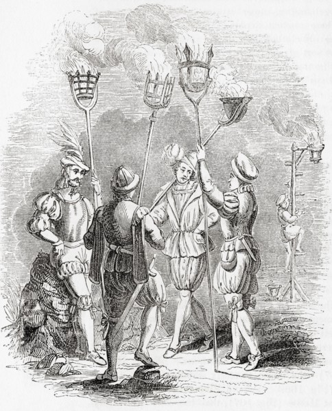 Members of the night watch holding cressets and beacons