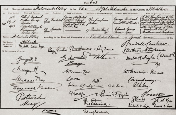 The marriage certificate of the Duke and Duchess of York