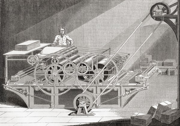 A 19th century steam printing machine.  From Old England: A Pictorial Museum