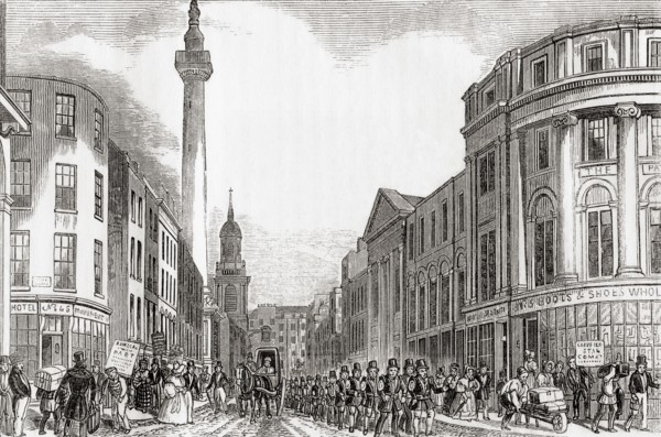 Old Fish Street Hill and the Monument to the Great Fire with members of the London Fire Brigade