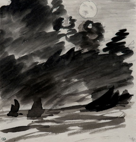 Marine avec voiliers au clair de lune