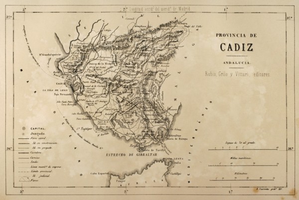Map of the Cadiz province, Andalusia, Spain, Cronica General de España, Historia Ilustrada y Descriptiva de sus Provincias