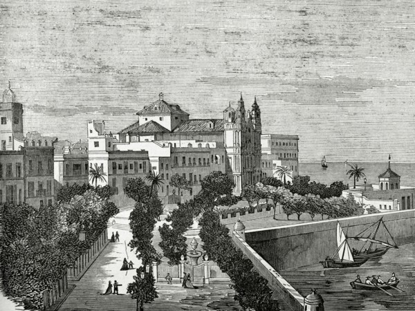 Spain, Andalusia, Cadiz, Alameda avenue of Marquis of Comillas and Baroque Church of El Carmen