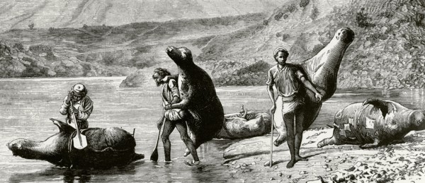 Native population crossing the Beas river with inflated skins (mussaks)