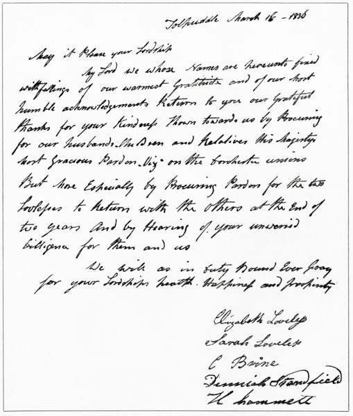 Facsimile of a letter from the wives of the Tolpuddle Martyrs
