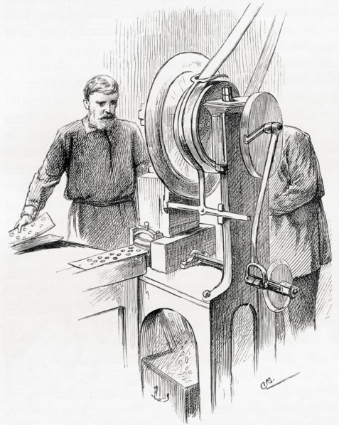 Workers using machines to punch out the blank coin, the Royal Mint, London,