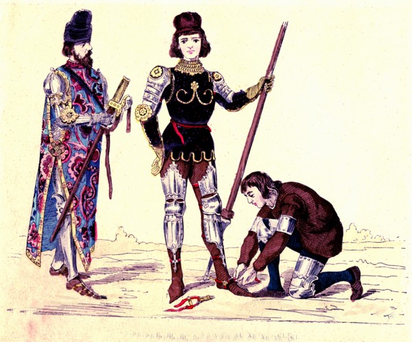 Costumes of xvth century, fashion in europe xv th with floor lenght sleeves, revealing doublets and hose, of italy renaissance, as hods, hats, silk velvets 1864