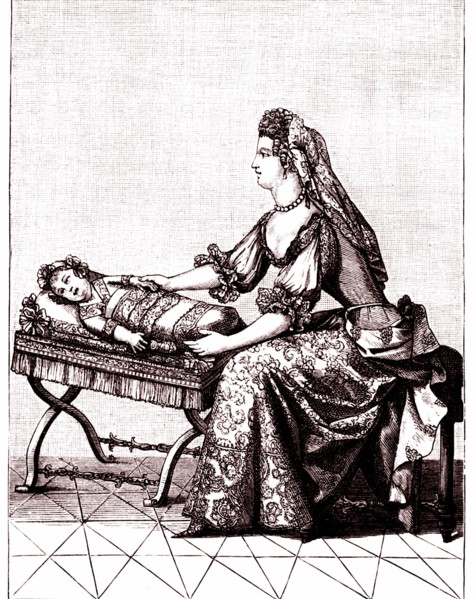 Nurse moving the cradle of duke of anjou, the nurse was always tied to the baby, with another servant company in case of accident or the nurse falling, 1869