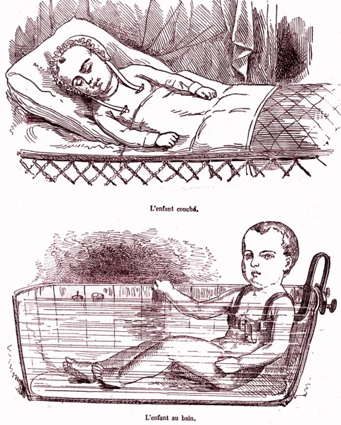 Children hygiene, child sleeping, child in the bath. book by dr jules rengade, ' life and health ' 1881