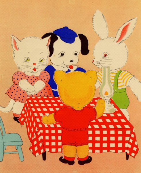 Anthropomorphic Bear, kitten, bunny & Dog at a table together