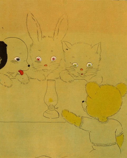 Anthropomorphic bear lights an oil lamp for bunny, cat and dog