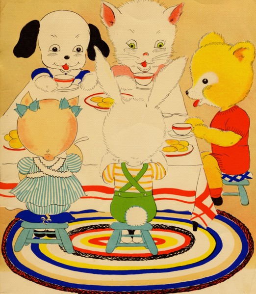 Anthropomorphic pig, bunny, kitten and dog dine at table together