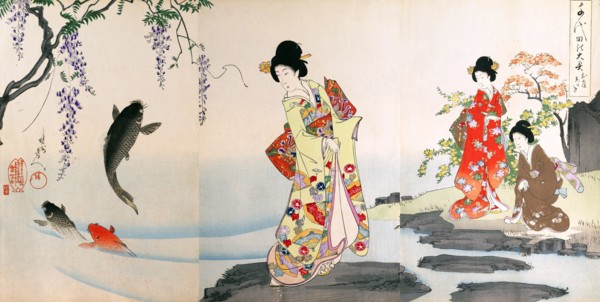 Women at the castle pond watch jumping carp