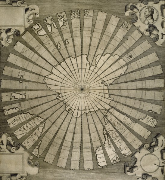 World map. South Pole. Map by Antonius Florianus. Engraving by 16th century.