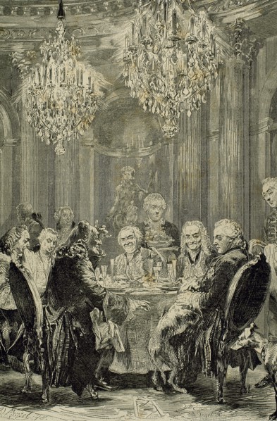 Frederick II The Great (1712-1786). King of Prusian. Meeting in Sans-Souci. Engraving by A. Vogel.