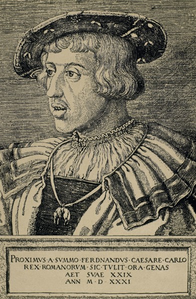 Ferdinand I (1503-1564). Holy Roman Emperor from 1558-1564. Portrait of Ferdinand in 1531. Engraving