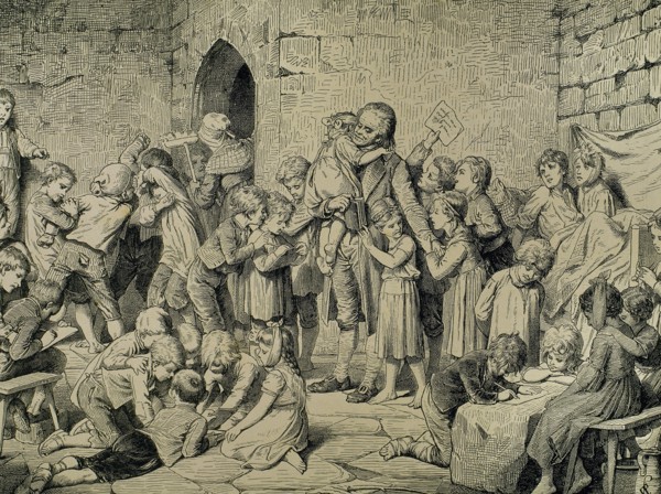 Pedagogue Johann Heinrich Pestalozzi (1746-1827) among the orphans of nidwalden. Engraving