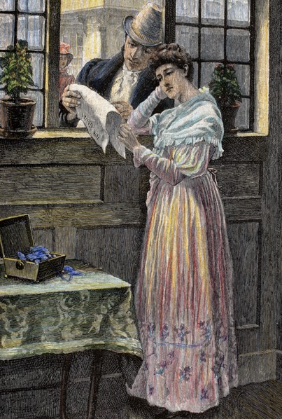 Bourgeoisie. Couple. Engraving. Colored.