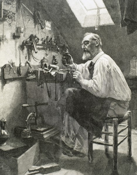 Craftsman in his workshop. Engraving. 19th century.