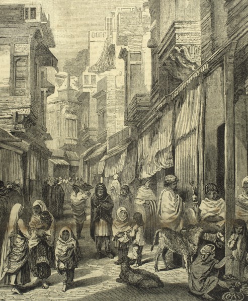 India. Varanasi. Street of the city. Daily life. Engraving.