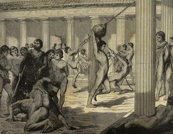 Sparta. Young Spartan sportsmen making gymnastics.