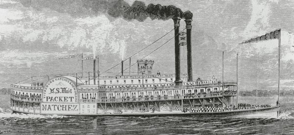 US Mail Packet Natchez steam boat sailing by the Mississippi river.