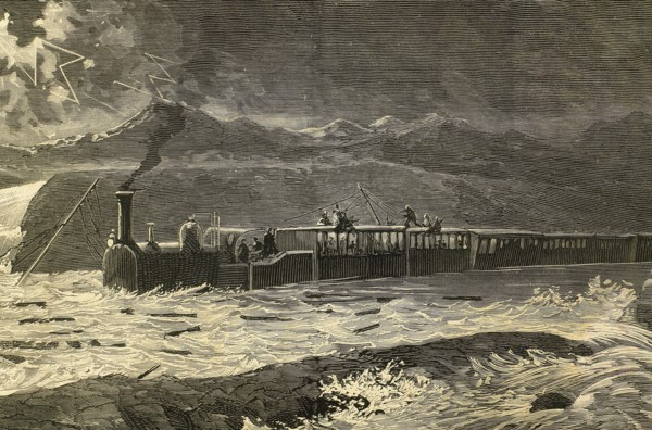 Mail train from Barcelona stopped between Selgua and Tomillo by the flood of the Cinca river on 28 October, 1879.