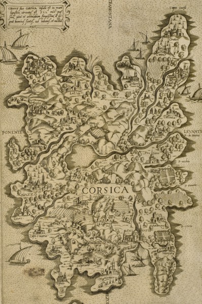 Map of Corsica. Italian engraving. 16th century.