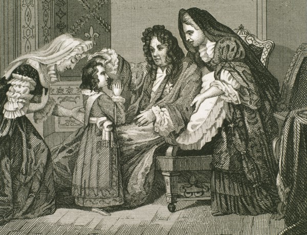 Louis XIV (1638-1715), King of France, with his grandson. Engraving.