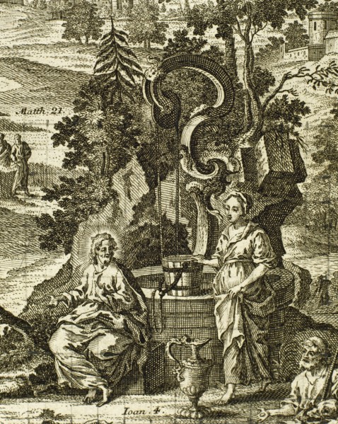 Samaritan woman at the well. Engraving.