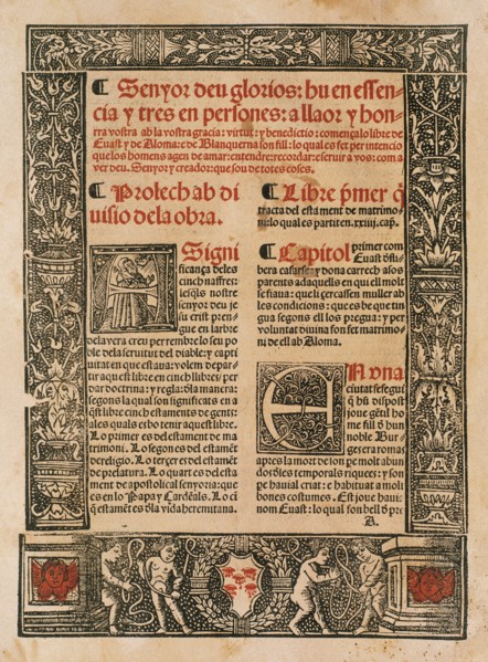 Blanquerna. Novel written around 1293 by Mallorcan writer and philosopher Ramon Llull. Front. Valencia, 1521. Spain.