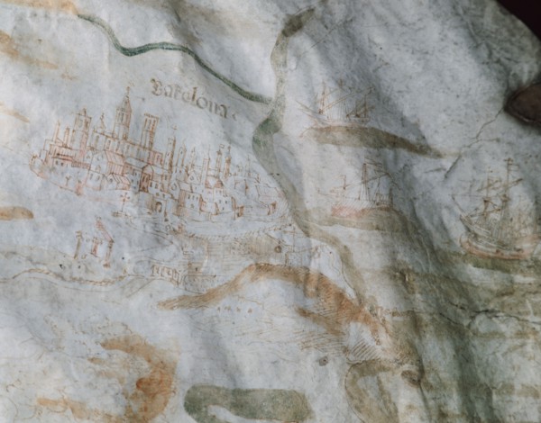 Parchment. Drawing city Barcelona and Port of city. 1521. Spain.
