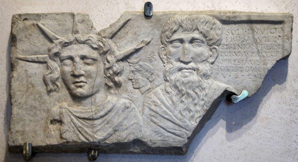 Slab: Sol Invectus (Unconquered Sun), moon and Jupiter Dolichenus.